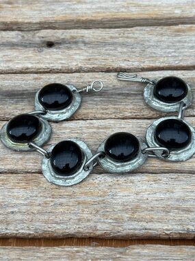Women's Black stained  Glass Cabochon Link Bracelet  by Churoncalla